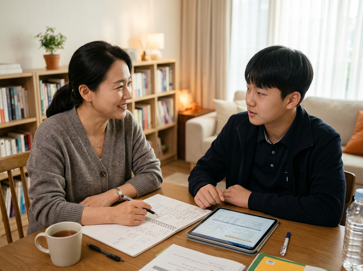 학부모와 학생이 영어 학습 계획을 상의하는 모습