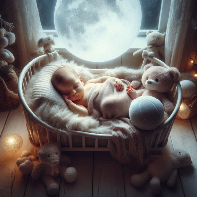 아기 침대에 구름과 별들이 떠있는 아름다운 밤하늘 속에서 아기가 자고 있다.