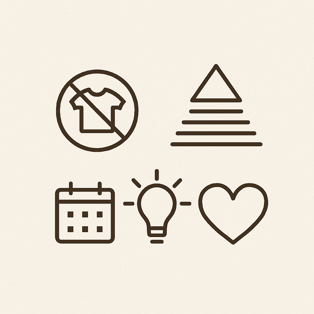 미니멀리즘을 상징하는 옷, 달력, 전구, 하트, 삼각형 아이콘이 배열된 이미지.