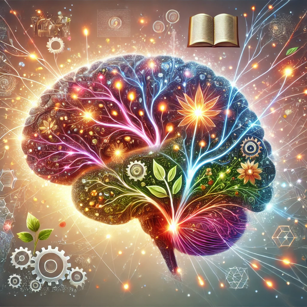 뇌의 신경가소성과 학습 능력의 관계를 뇌와 꽃가지 그림으로 비유한 그림