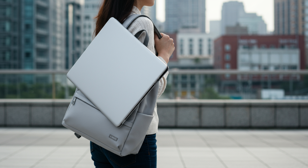 2025년형 초경량 17인치 노트북을 메고 도시를 걷는 사람의 뒷모습. 노트북은 백팩에 깔끔하게 수납되어 있으며, 휴대성과 이동의 편리함을 시각적으로 강조한다.