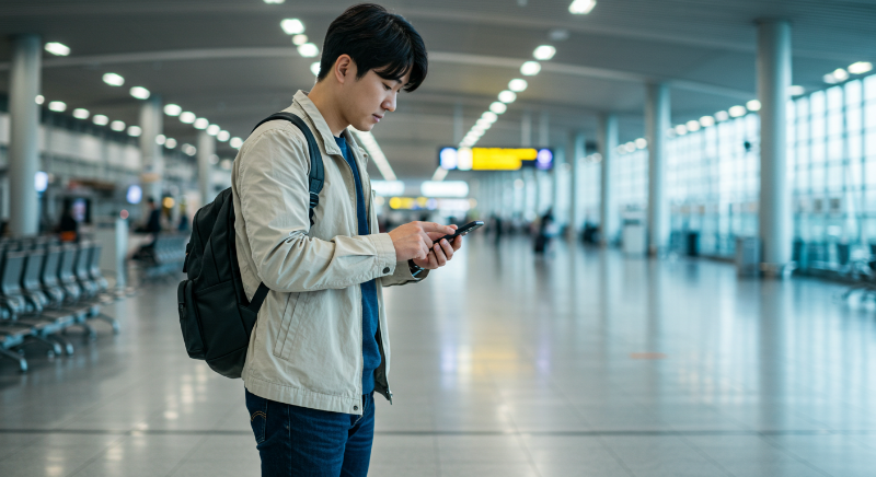 여행자가 공항에서 스마트폰으로 교통 앱을 확인하며 해외여행 교통 준비의 중요성을 강조한다.
