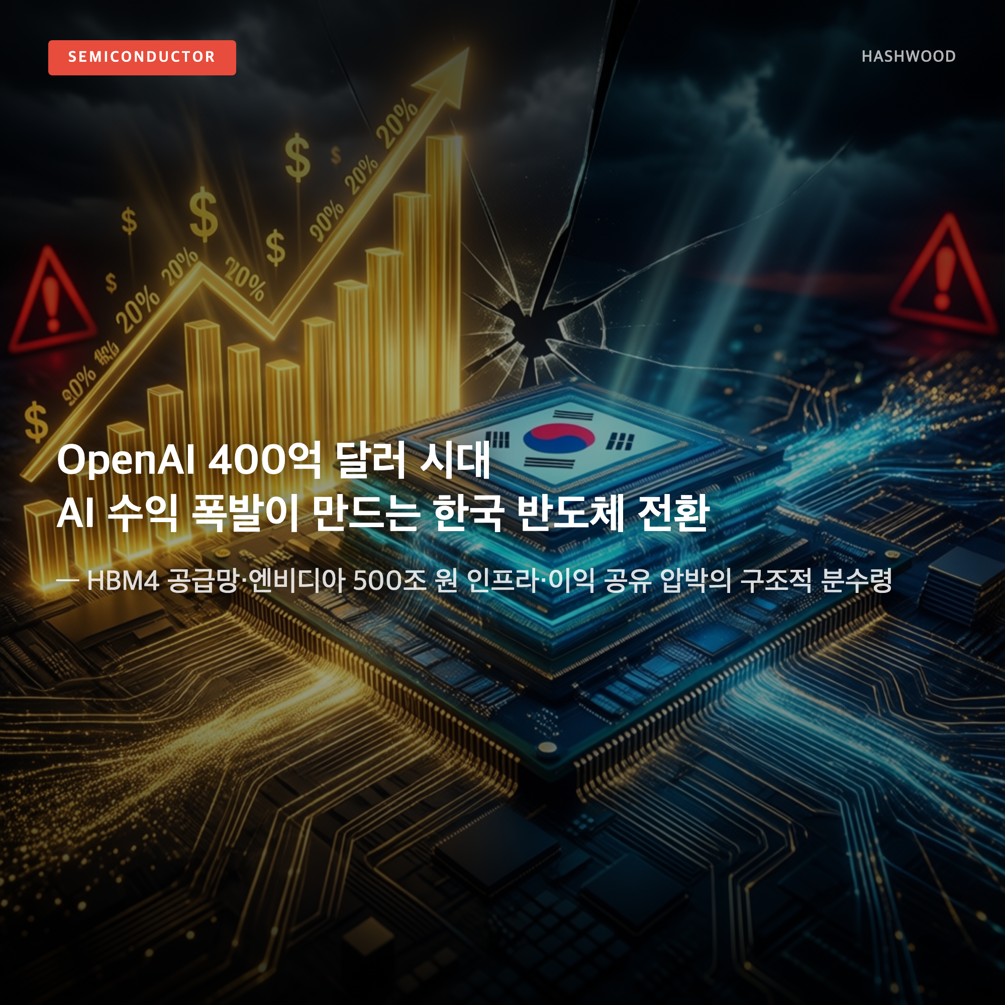 그림: OpenAI 400억 달러 시대 AI 수익 폭발이 만드는 한국 반도체 전환 — — HBM4 공급망·엔비디아 500조 원 인프라·이익 공유 압박의 구조적 분수령