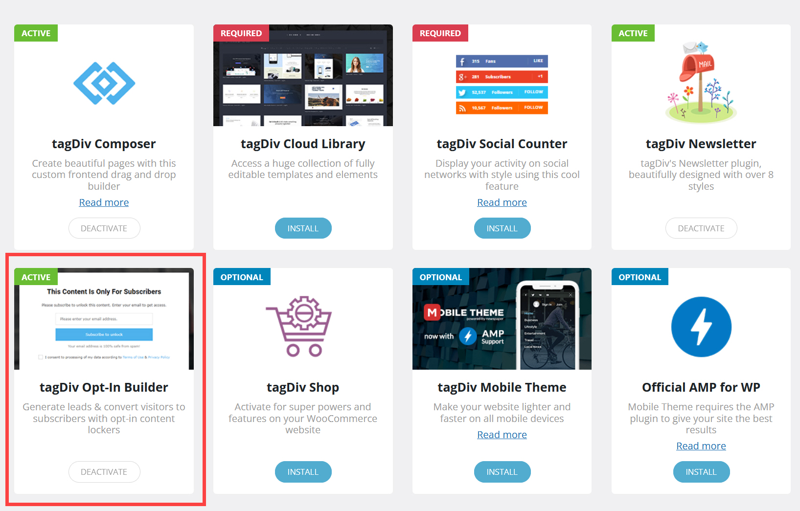 워드프레스 뉴스페이퍼 테마 tagDiv Opt-In Builder 플러그인 추가