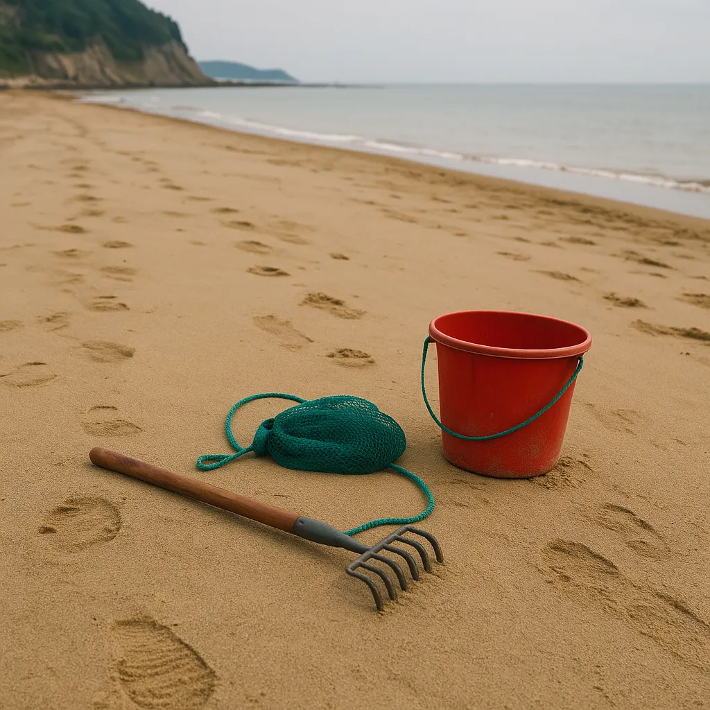 사람 없는 해변 모래 위에 남겨진 채취 도구들