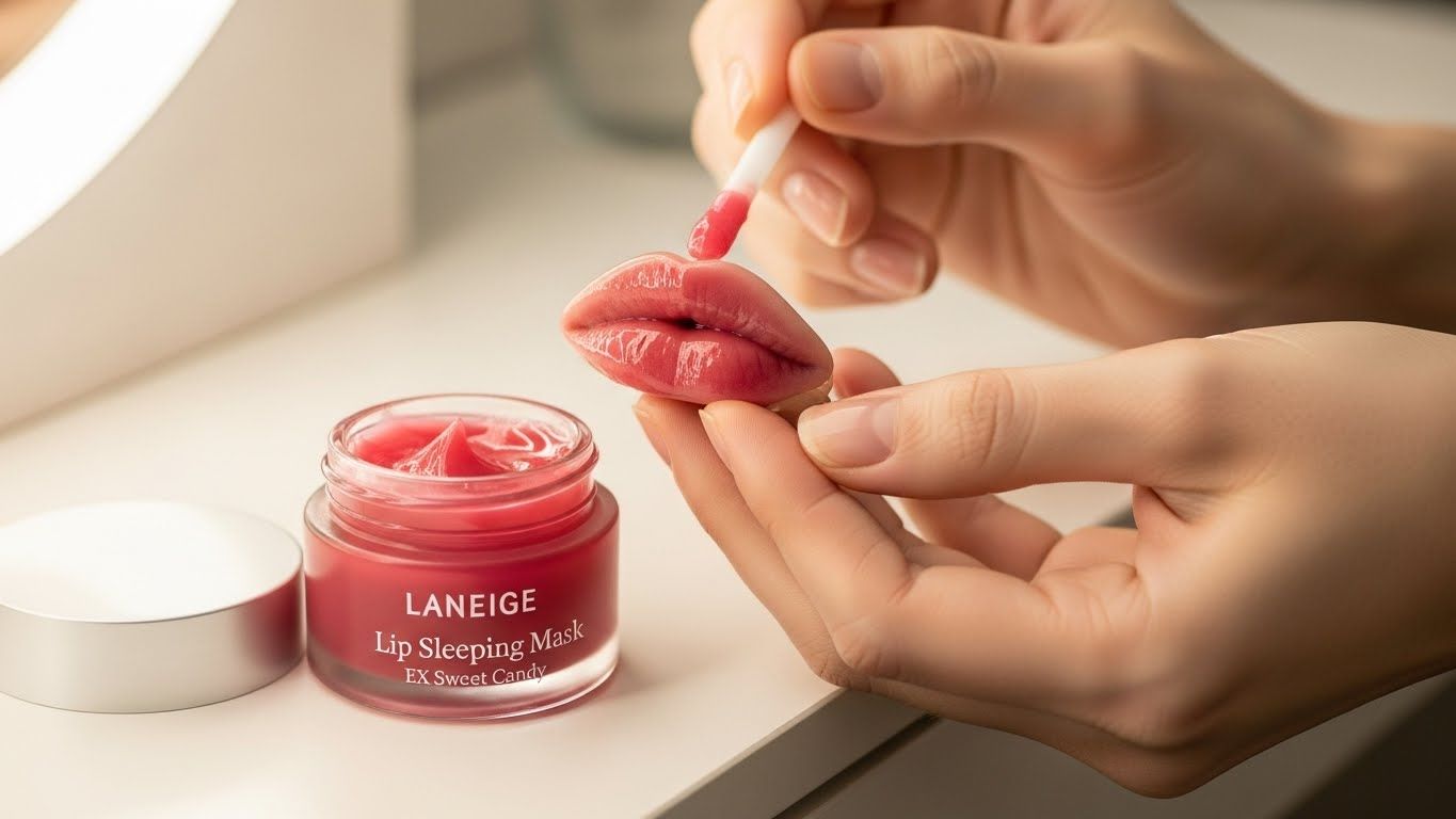 한 쌍의 손이 깨끗하고 미니멀한 허영심에 라네즈 립 슬리핑 마스크 EX 스위트 캔디 병 옆에 작은 주걱이나 손가락을 사용하여 핑크빛 광택이 나는 립 슬리핑