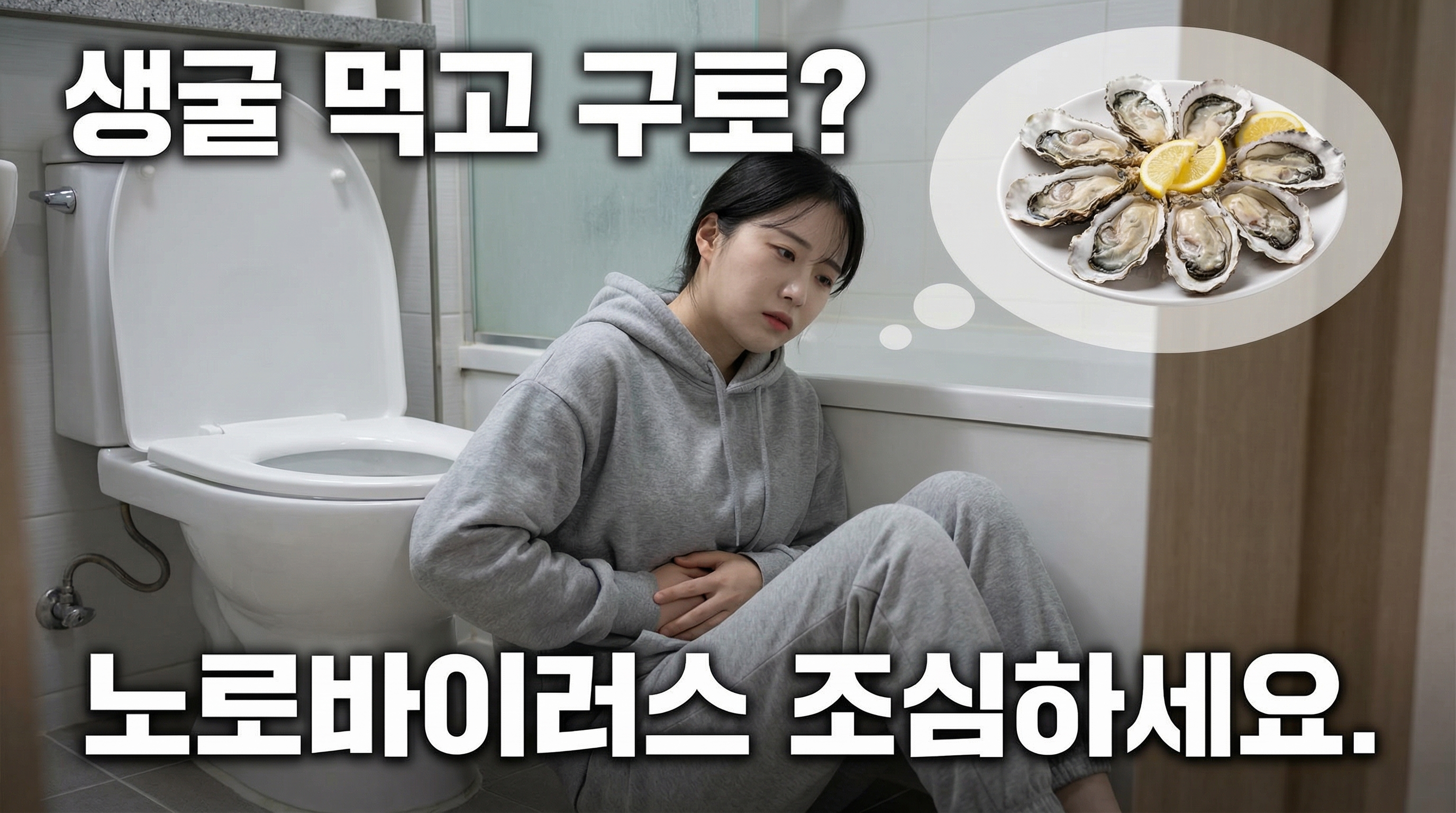 여성이 음식을 먹고 화장실에 앉아있는 모습