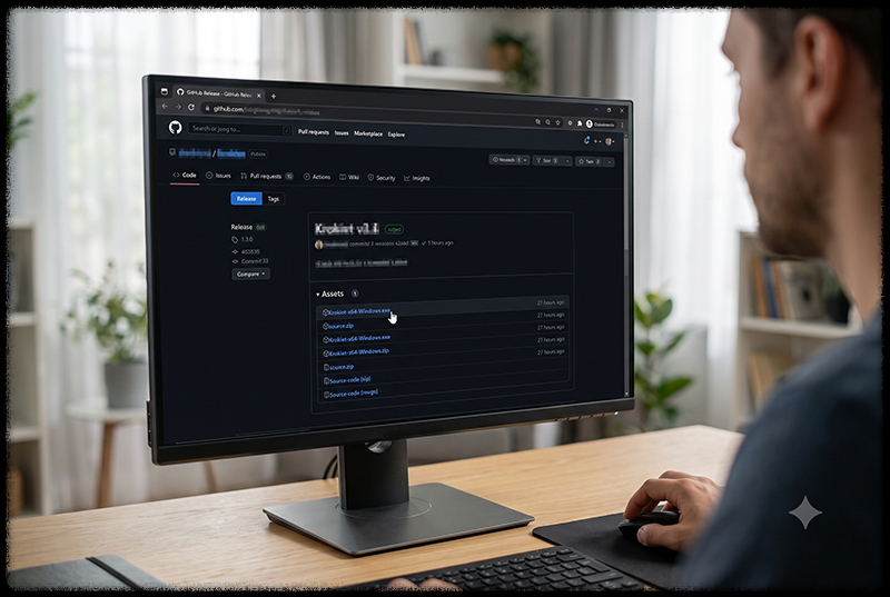 공식 GitHub 배포 페이지에서 Krokiet 프로그램을 다운로드하는 모습