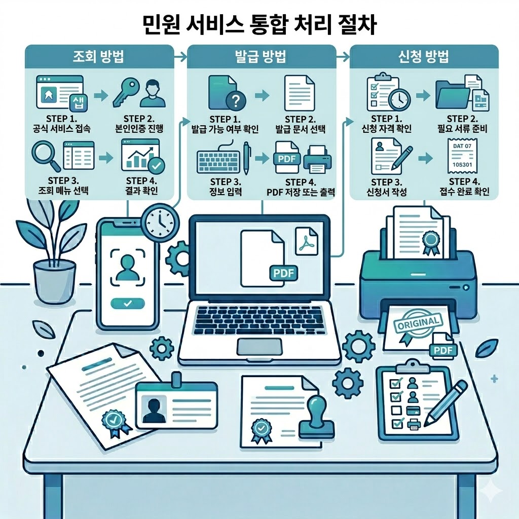 온라인 발급 방법과 PDF 저장 절차를 설명하는 이미지