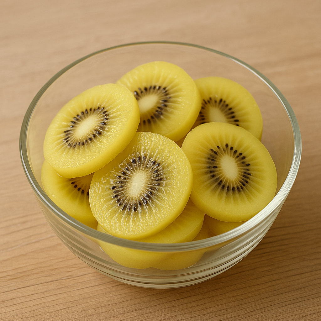 얇게 썬 참다래가 담긴 투명 유리 그릇