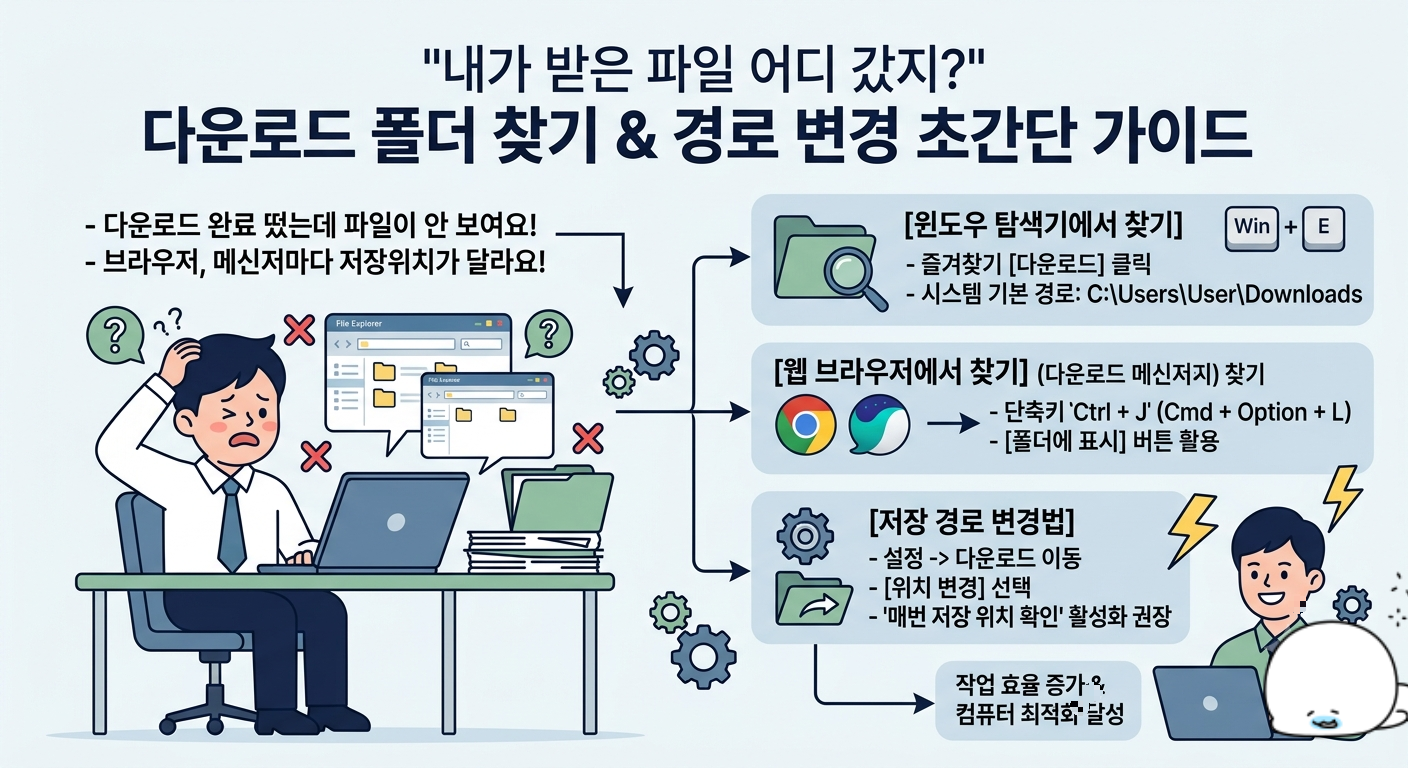 윈도우와 웹 브라우저에서 다운로드한 파일 저장 위치 찾기 및 경로 설정 변경 방법 이미지