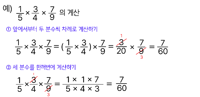 세 분수의 곱셈
5분의 1 곱하기 4분의 3 곱하기 9분의 7의 계산