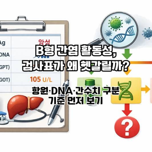 B형 간염 활동성 검사표를 차분히 살펴보는 중년의 일상 장면