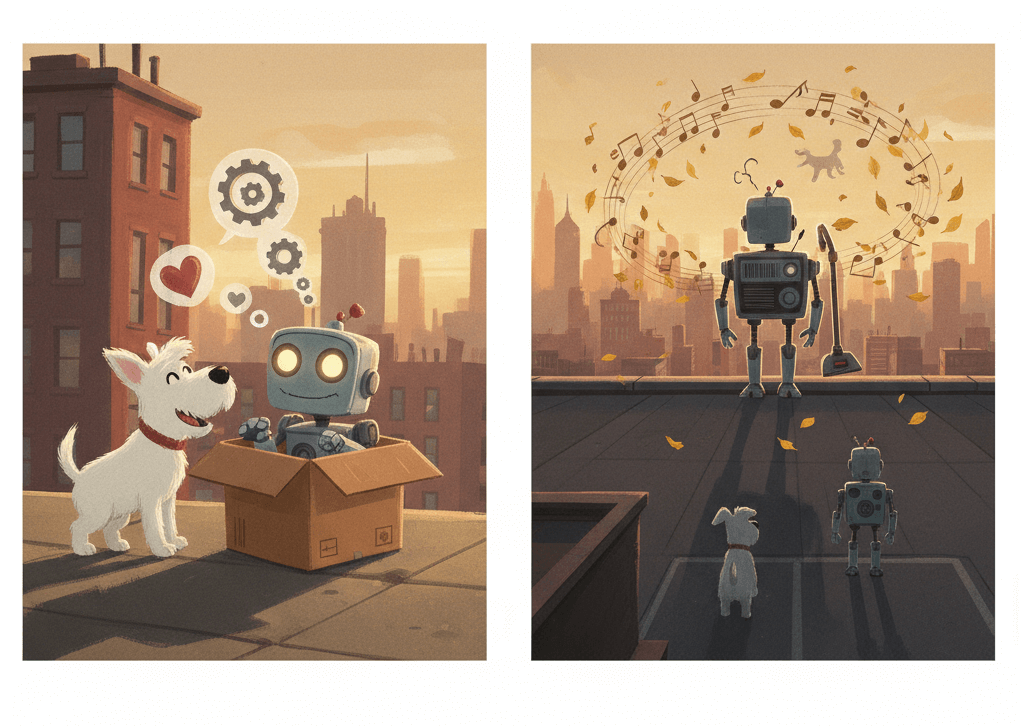 영화 로봇 드림의 두 가지 핵심 장면을 대비한 이미지로, 왼쪽에는 도그와 박스에서 막 나온 로봇의 설레는 첫 만남을, 오른쪽에는 석양 지는 옥상에서 음악 선율과 함께 홀로 춤을 추며 과거를 추억하는 성숙한 로봇의 모습