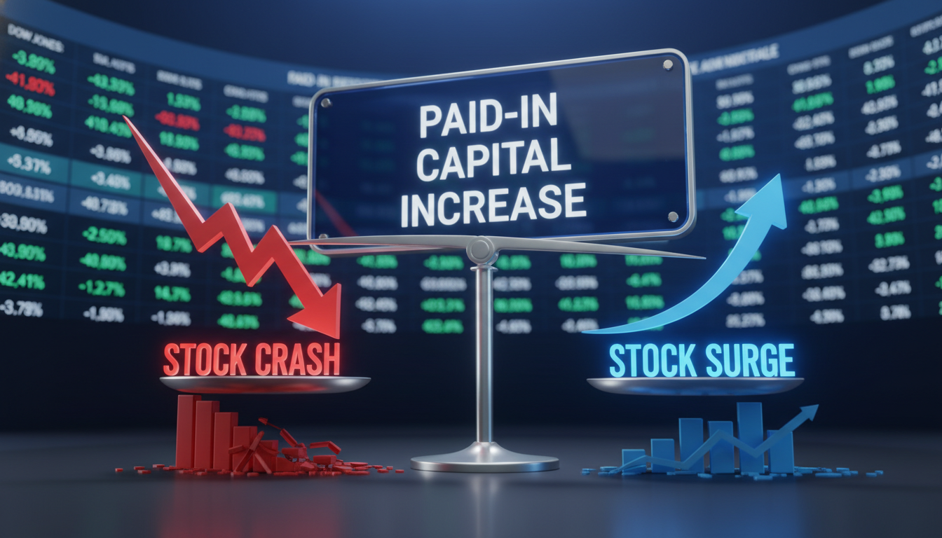 유상증자에 따른 주가 폭락과 급등 시나리오를 대비하여 보여주는 3D 주식 시장 일러스트