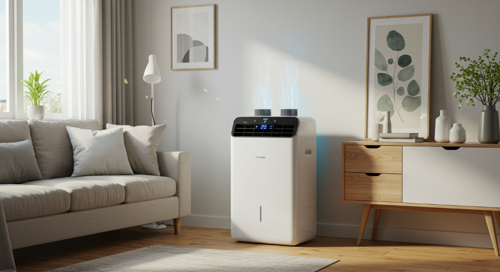 2025년형 최신 디자인의 제습기가 놓인 쾌적하고 깔끔한 실내 풍경.