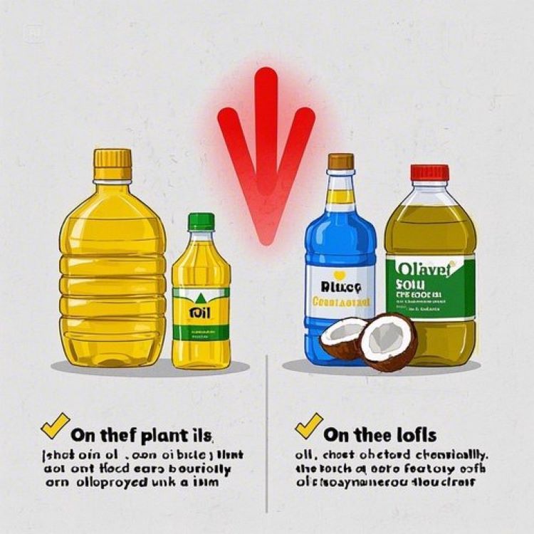 "왼쪽에는 공장에서 화학 처리되는 식물성 기름들(콩기름, 옥수수기름 병들)이 붉은색 경고 표시와 함께 있고, 오른쪽에는 자연스러운 코코넛오일, 버터, 올리브오일 등이 초록색 체크 표시와 함께 배치된 대비 이미지. 중앙에는 염증을 상징하는 붉은 파장과 건강을 상징하는 푸른 파장이 대조되는 모습. 전체적으로 깔끔하고 교육적인 인포그래픽 스타일로, 배경은 흰색 또는 연한 회색."