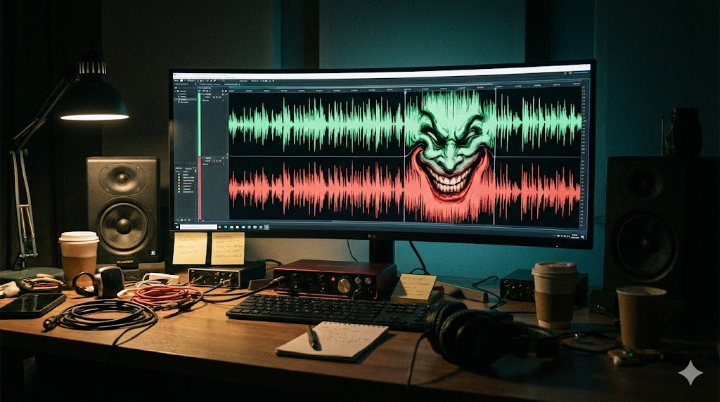 주인공의 작업실 책상. 복잡한 오디오 파형이 띄워진 모니터 화면. 파형의 일부가 마치 사람의 웃는 얼굴처럼 기괴하게 일그러져 있는 디테일