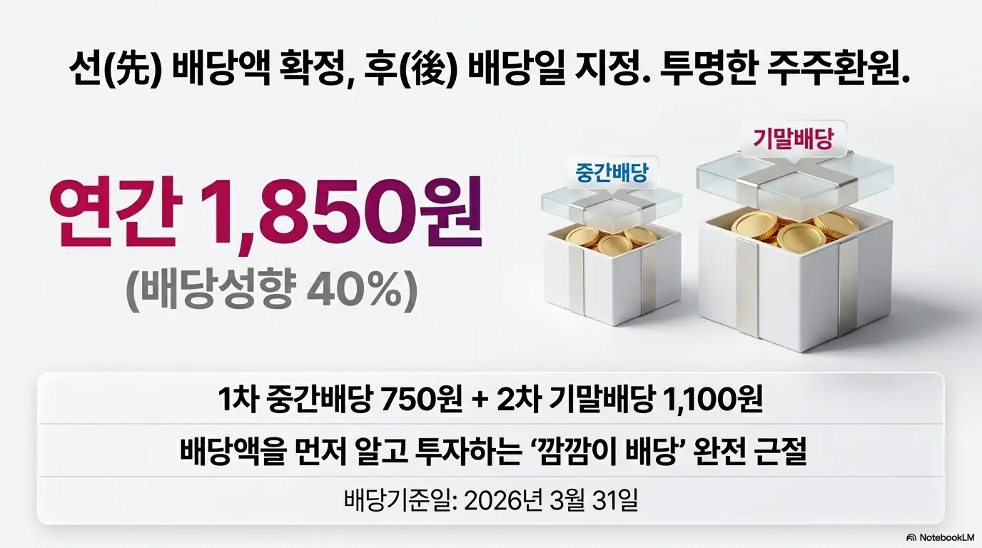 LG CNS 주가 전망: 선 배당액 확정&amp;#44; 후 배당일 지정 방식으로 투명한 주주환원을 보여주는 이미지. 연간 배당금 1&amp;#44;850원과 배당성향 40퍼센트&amp;#44; 중간배당 750원과 기말배당 1&amp;#44;100원&amp;#44; 배당기준일 2026년 3월 31일을 시각적으로 전달하며&amp;#44; 블로그의 LG 씨엔에스 배당금과 배당일 정리와 관련된 내용을 설명함