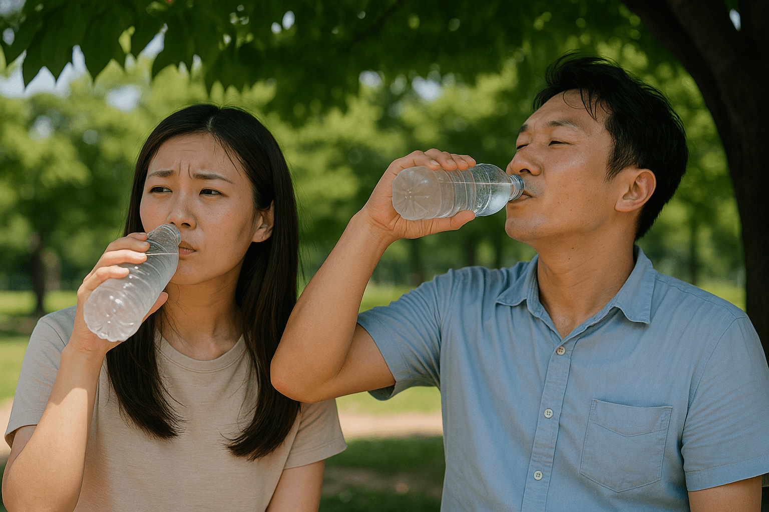 무더운 여름날 야외에서 물을 마시며 더위를 식히는 한국인 남녀