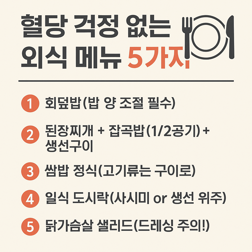 "베이지색 배경에 '혈당 걱정 없는 외식 메뉴 5가지'라는 제목과 함께 다섯 가지 건강한 외식 메뉴가 한글로 정리되어 있다. 각 메뉴는 번호와 함께 굵은 글씨로 쓰여 있으며, 오른쪽 상단에는 접시, 포크, 나이프 아이콘이 있다. 메뉴는 회덮밥(밥 양 조절 필수), 된장찌개 + 잡곡밥(1/2공기) + 생선구이, 쌈밥 정식(고기류는 구이로), 일식 도시락(사시미 or 생선 위주), 닭가슴살 샐러드(드레싱 주의!) 순으로 적혀 있다."