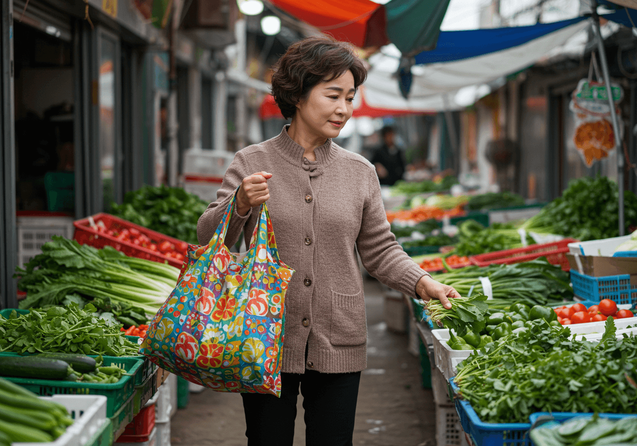 장바구니를 들고 전통시장에서 채소를 고르는 중년 한국인 여성