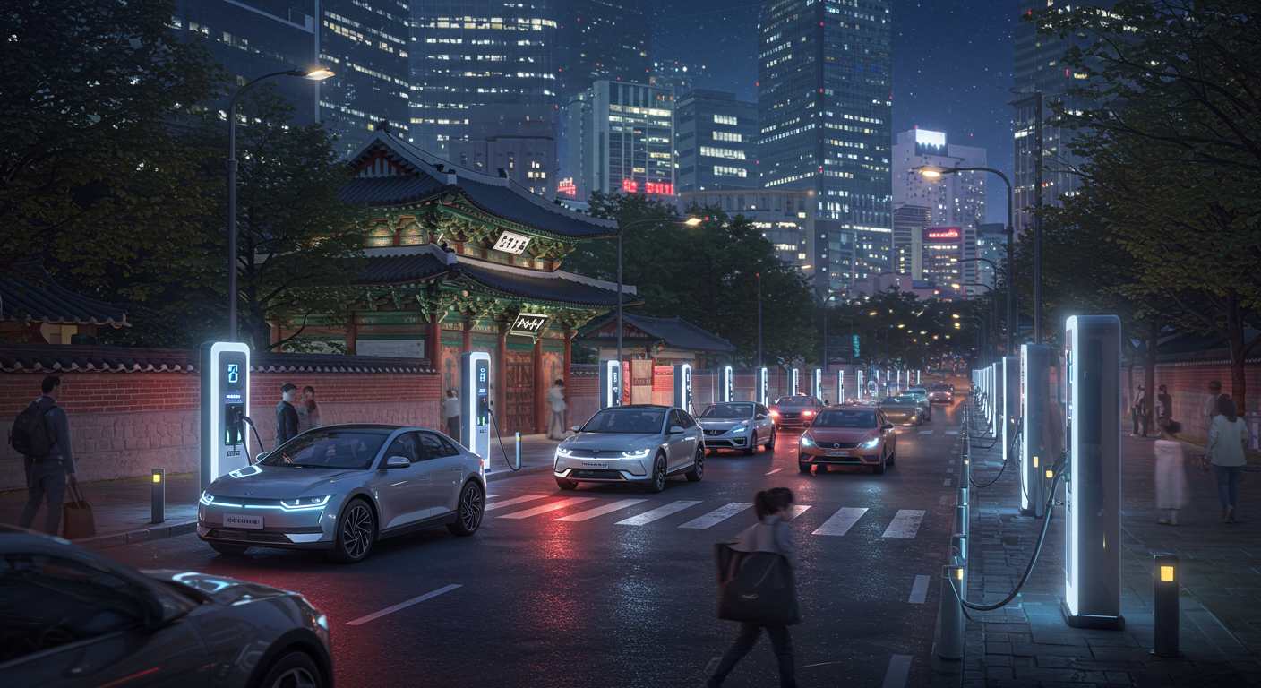 Cartoon-style illustration of a giant battery powering many cute electric cars driving happily through a city 카툰 일러스트, 거대한 배터리가 한국 전기차들을 밝게 움직이게 하는 장면, 전기차 시장 성장과 배터리 산업 표현