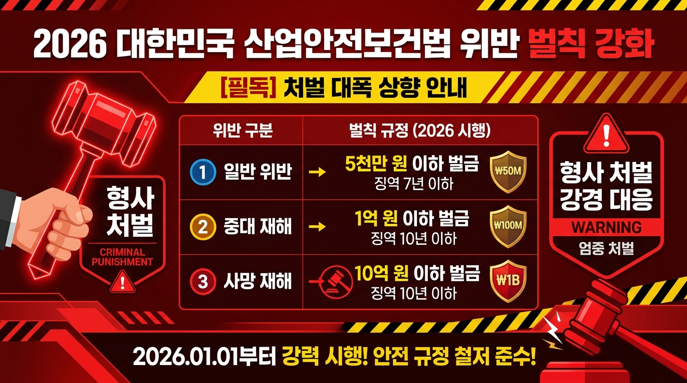 2026 안전조치 위반 처벌 기준 &mdash; 사고 없어도 형사처벌, 사망 시 1억 벌금 인포그래픽