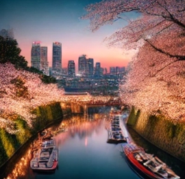 강 좌우로 벚꽃이 피어있는 모습