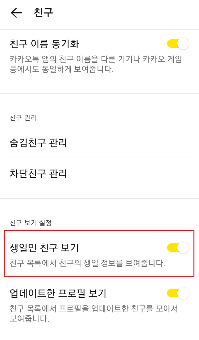 카카오톡 생일인 친구 보기 켜기