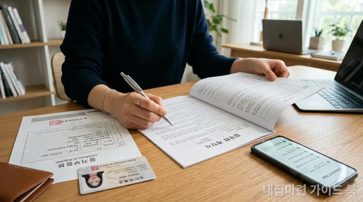 월세 계약 서류와 체크리스트를 꼼꼼히 확인하는 한국인의 손