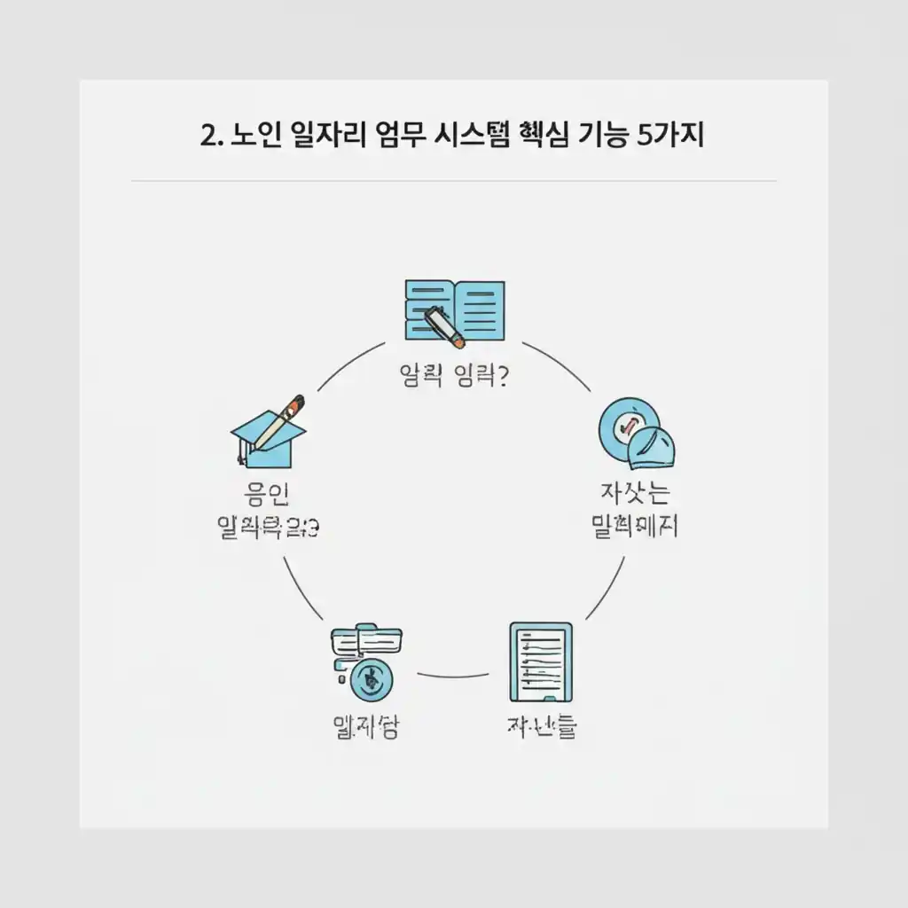 노인 일자리 업무 시스템의 핵심 기능 5가지 개요. 구직-구인 매칭 및 참여자 관리를 위한 시스템 화면.