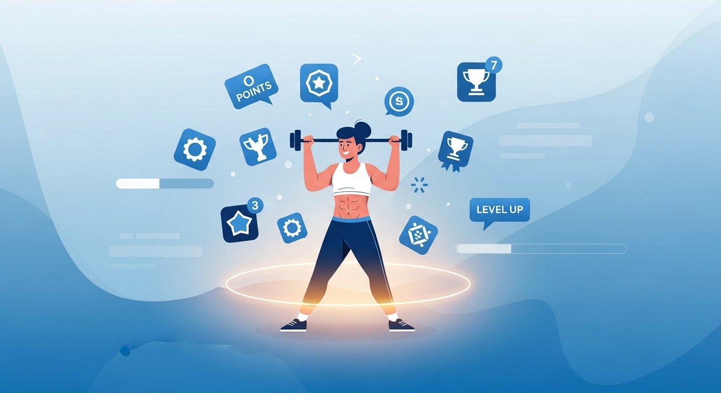 AI 피트니스 앱의 게임화 요소를 통해 즐겁게 운동하며 보상을 받는 사람의 모습