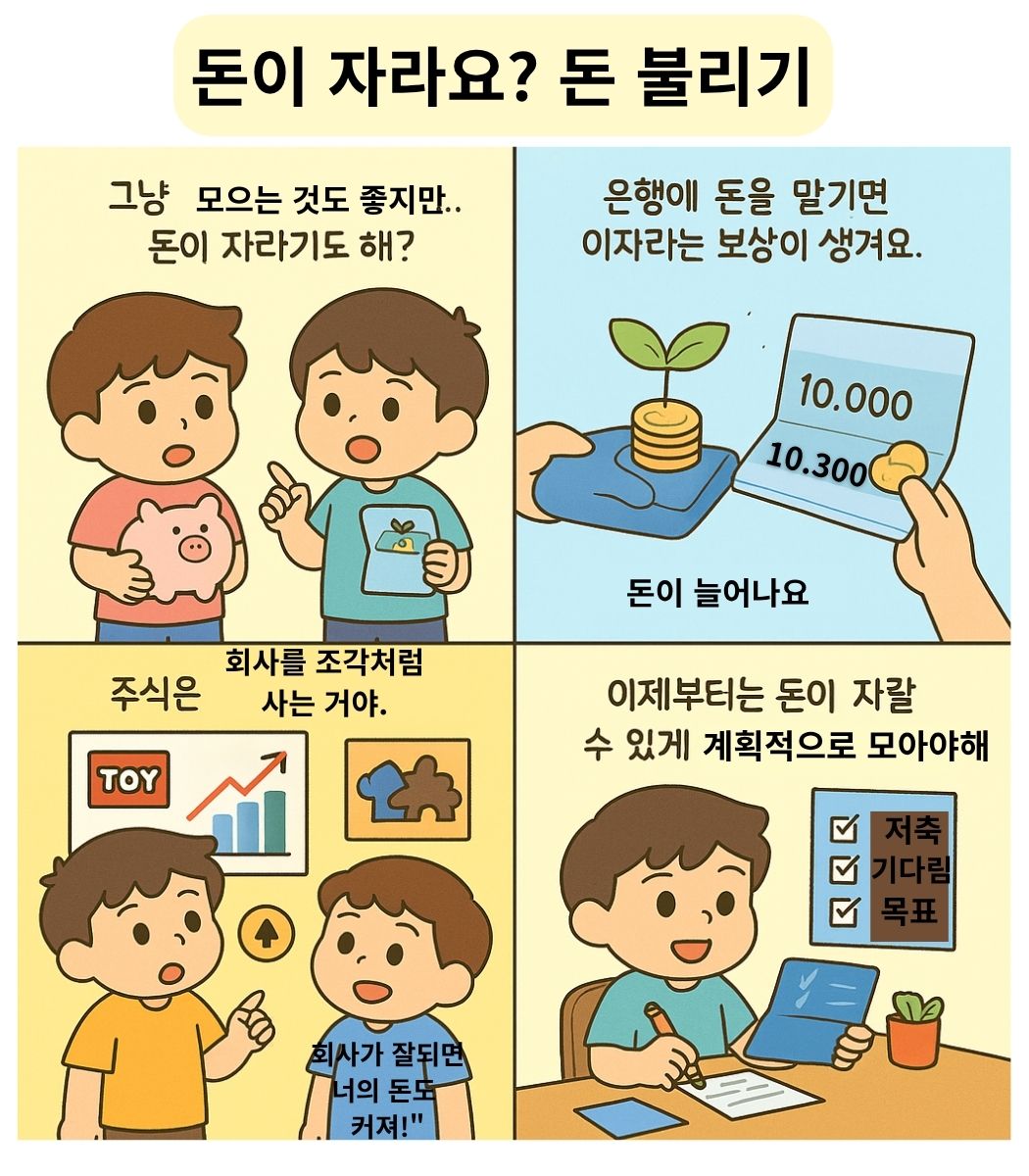 초등학생이 친구의 설명을 듣고 은행에 맡기면 돈이 자란다는 사실과 주식의 개념을 이해하며, 스스로 저축 목표를 세우고 돈을 불리는 방법을 실천하기로 결심하는 경제 교육 만화