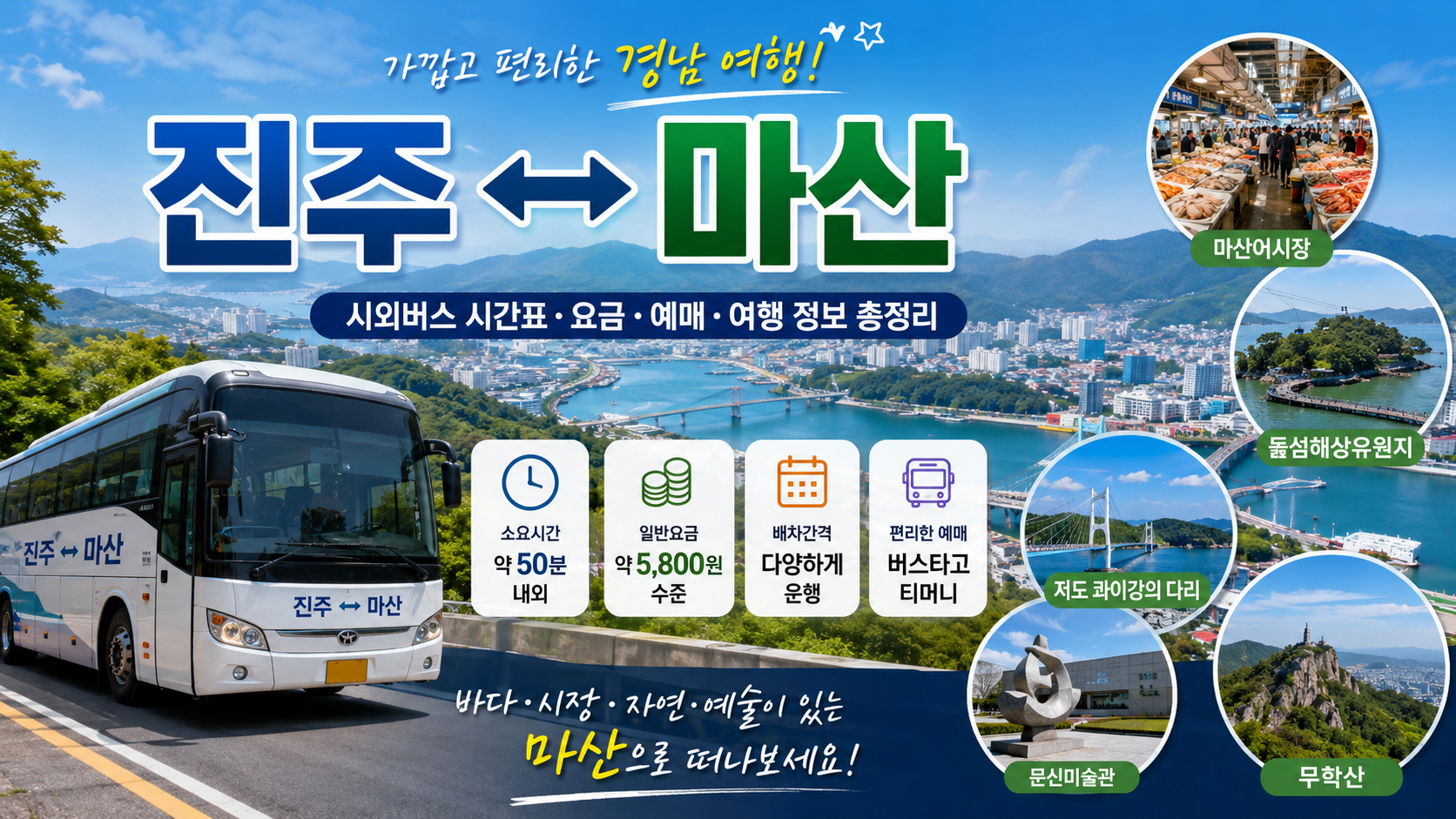 진주와 마산을 오가는 멋진 버스와 마산의 명승지