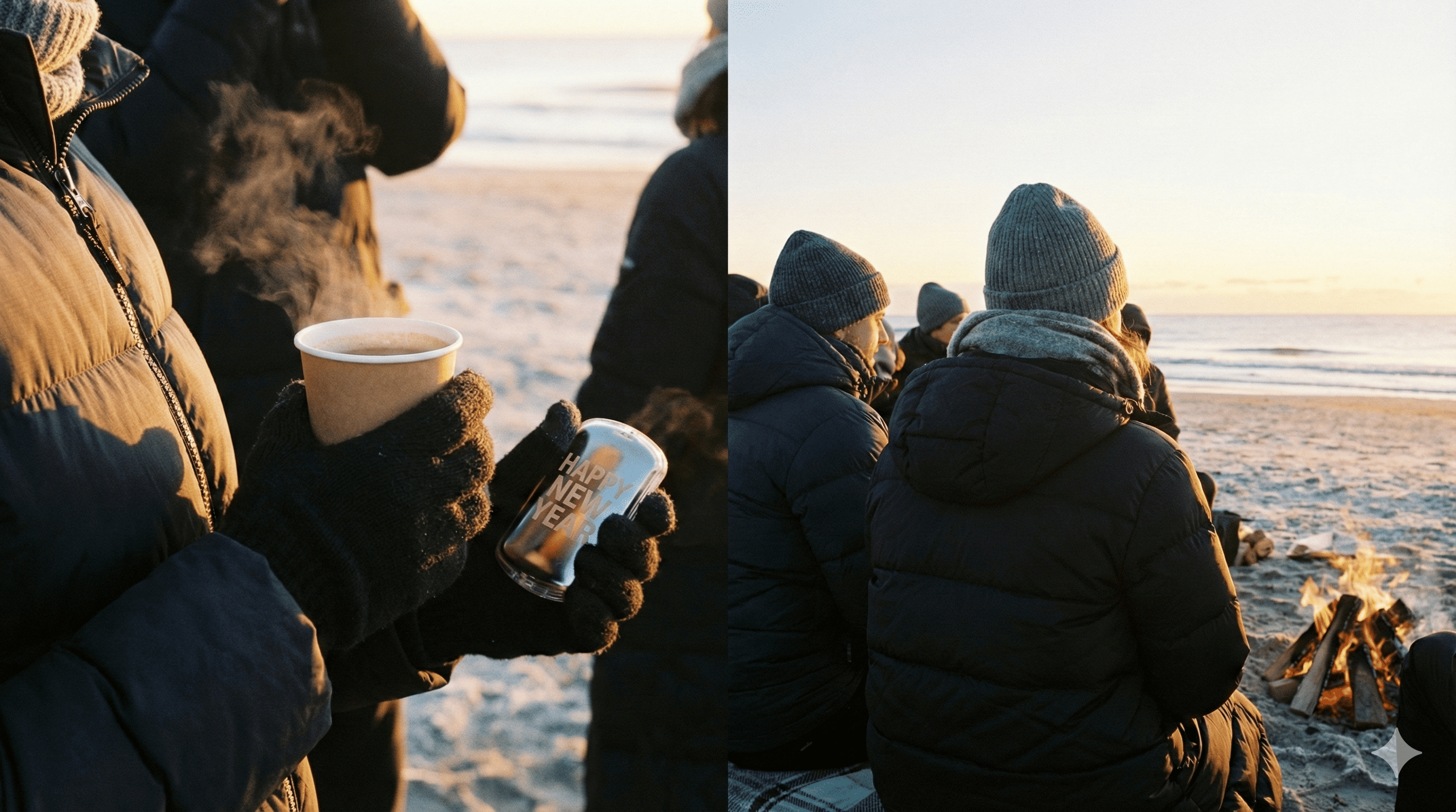 추운 날씨에 대비해 장갑을 끼고 핫팩을 쥐고 있는 손과 따뜻한 음료