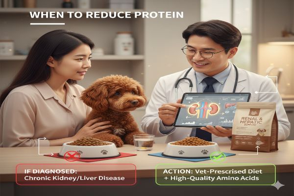 신부전/간질환 진단 시 단백질 조절의 필요성을 보여주되, '고품질·필수아미노산 균형'과 '수의사 처방식'의 중요성을 강조하는 이미지입니다.