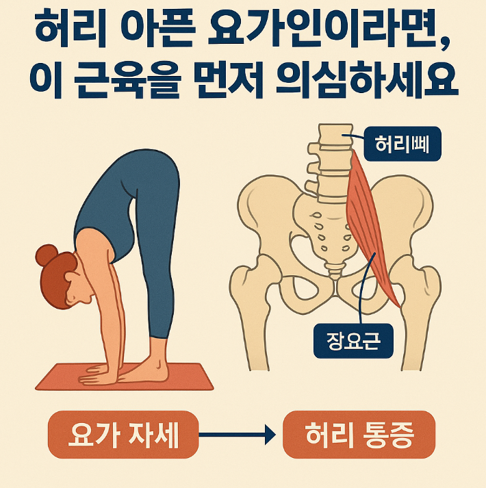 요가 자세와 허리 통증의 해부학적 연관성을 설명하는 인포그래픽
