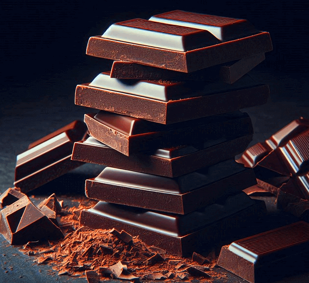 네모난 초콜릿들이 탑처럼 쌓여졌다. 고동색 다크 초콜릿이다.