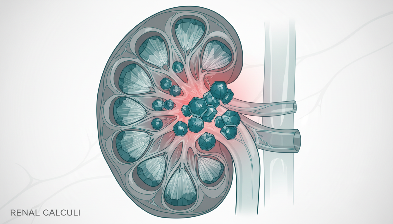 신장 내부에 생긴 결석을 보여주는 의학적 삽화