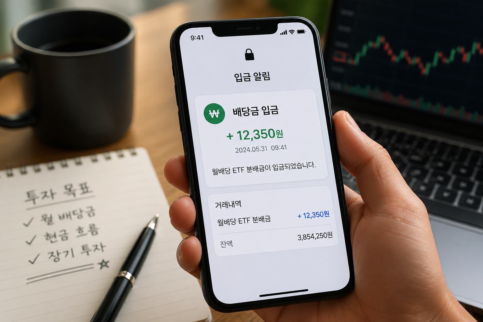 월배당 ETF 배당금 입금 알림을 확인하는 스마트폰 화면