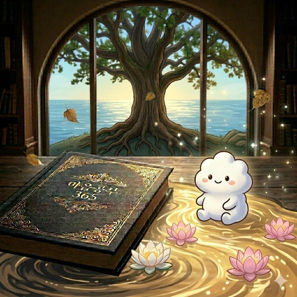 KR: 집착의 문을 열고 황금빛 물줄기를 따라 바다로 나아가는 연꽃들과 캐릭터를 표현한, 자유와 순리를 상징하는 마법 같은 애니메이션 이미지.

EN: A cute character opening a gate to let golden water and lotus flowers flow toward a vast ocean, representing the release of attachment in a whimsical 1:1 animation style.