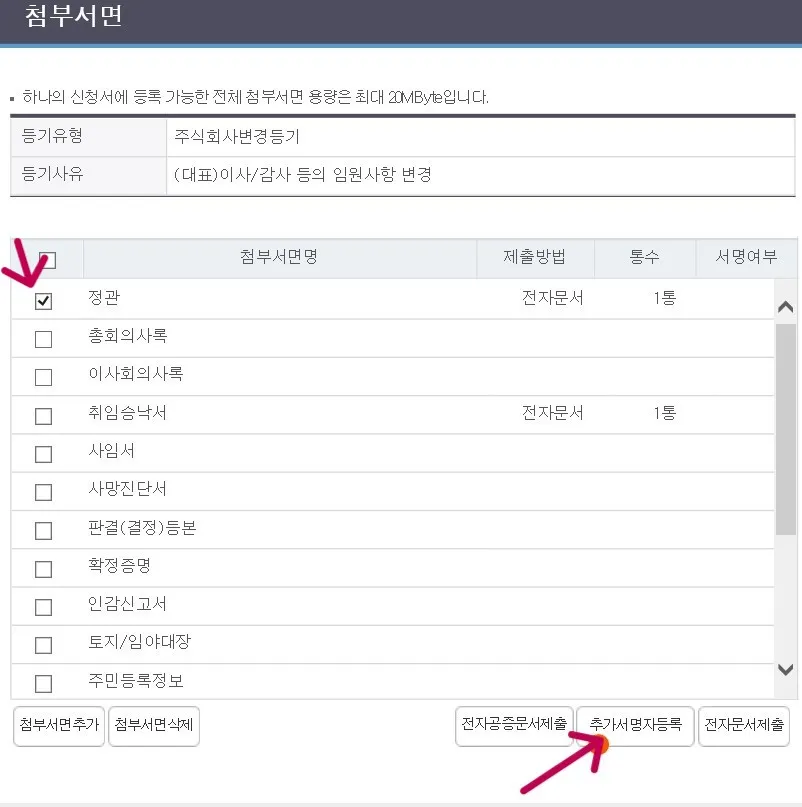 각 첨부서면에 대한 전자서명 주체를 선택해야 합니다.