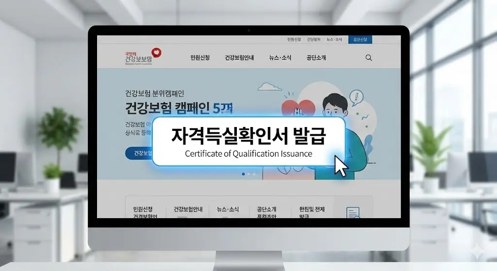 건강보험 공단 홈페이지 화면, '자격 득실 확인서' 발급 버튼이 강조된 모습