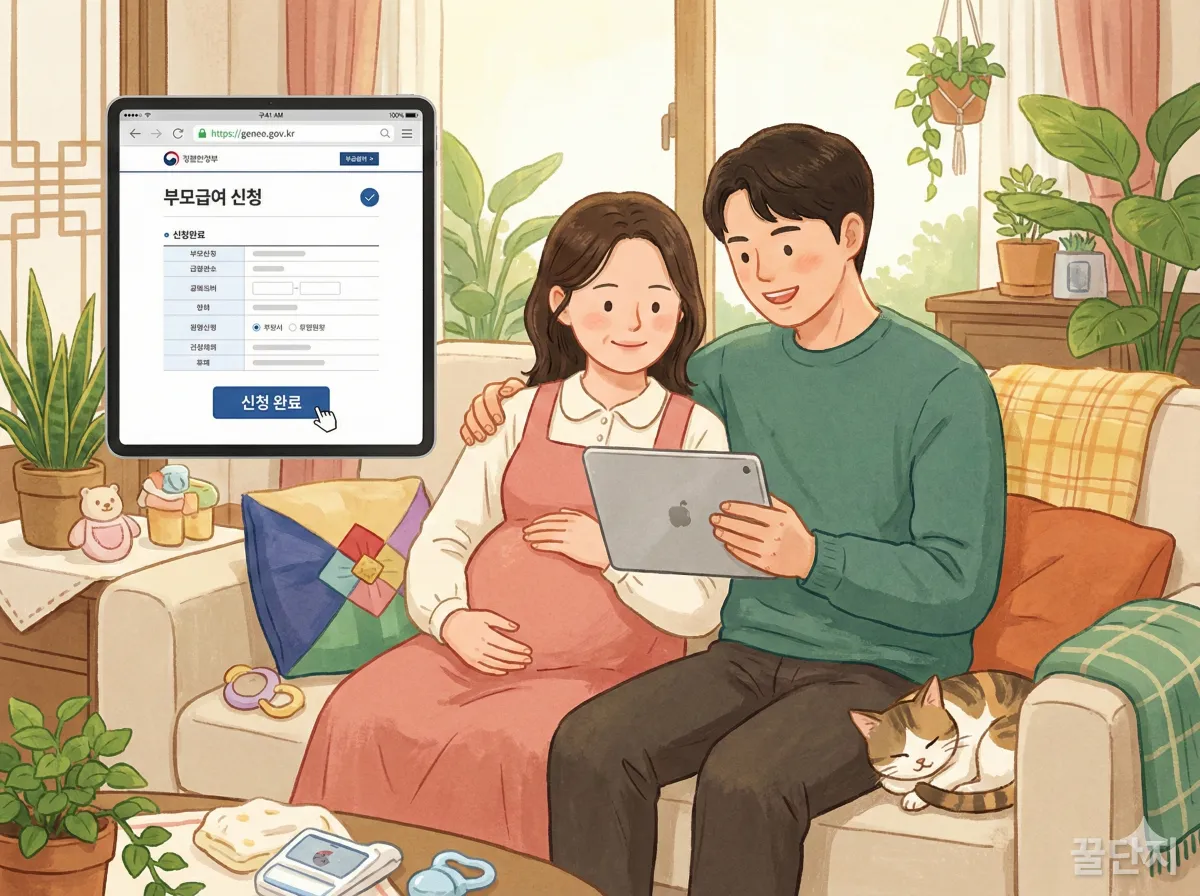 부모급여를 신청하며 행복해하는 한국인 부부 일러스트
