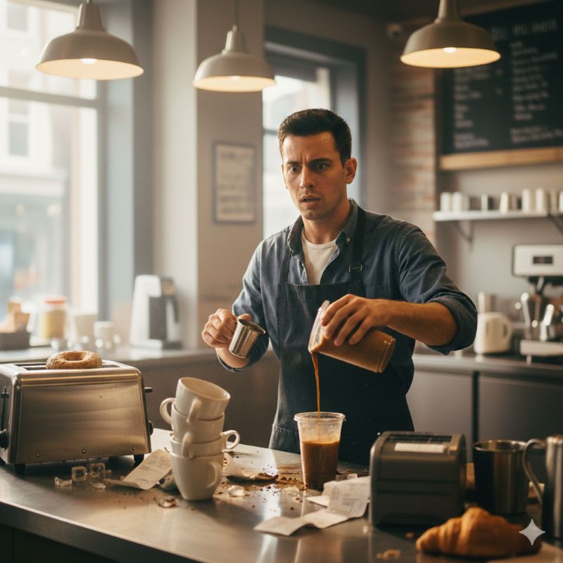 카페 오픈 첫날, 당황한 표정으로 땀을 흘리며 싱크대에 가득 쌓인 컵을 광속 설거지하고 있는 초보 사장의 뒷모습. 이론과 달리 손이 두 개인 게 원망스러운 현장의 '오답 노트'를 시각적으로 보여줌.
