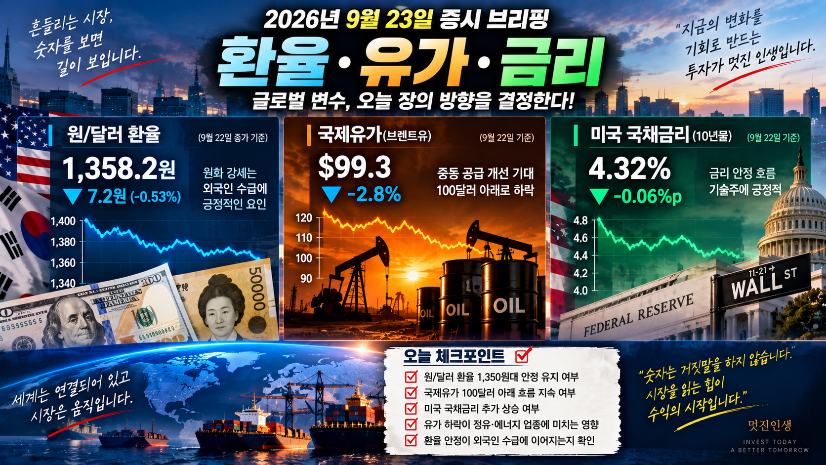 원달러 환율과 국제유가 미국 국채금리를 함께 확인하는 2026년 9월 23일 증시 체크 이미지