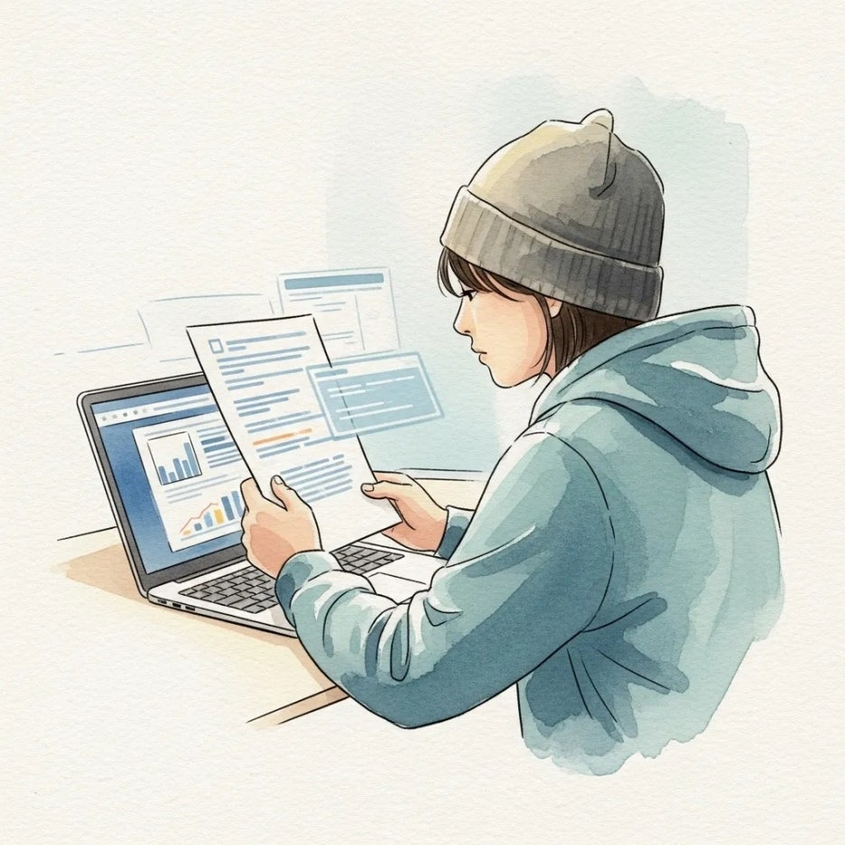 노트북으로 소득 증빙 서류를 확인하는 사람