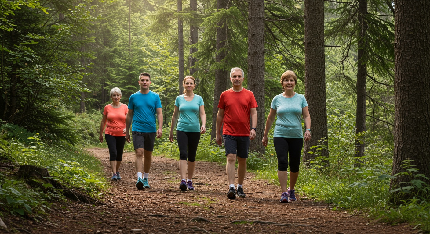 자연 속에서 올바른 자세로 걷는 사람들