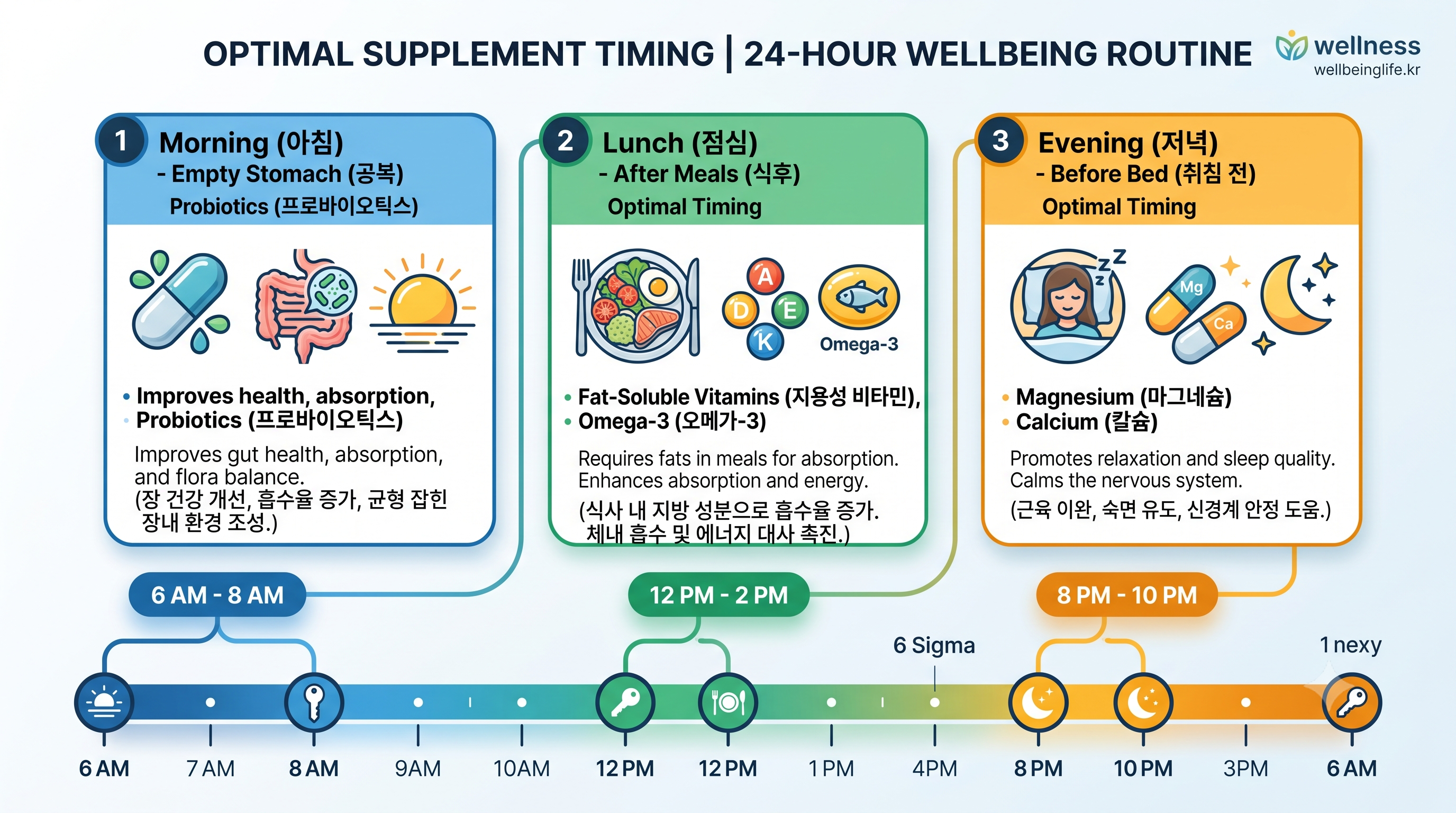기상 직후 식후 취침 전 시간대별 최적의 영양제 섭취 타이밍 타임라인